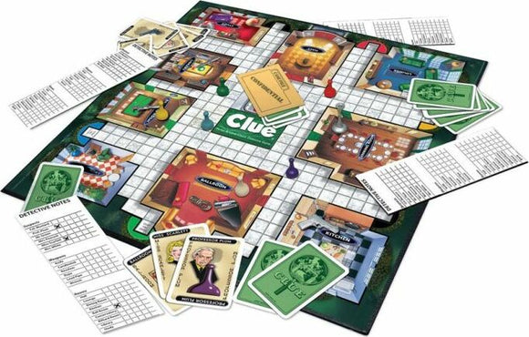 An overhead view of the Clue board game by Winning Moves, featuring a colorful game board with various rooms, six player pieces in different colors, a set of suspect and weapon cards, and score sheets for keeping track of clues in the murder mystery game.