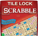 The box of Scrabble by Winning Moves features the title 'Scrabble' prominently displayed. The innovative game board has a tile lock design that keeps game pieces securely in place. Game highlights include scoring areas labeled for double letter scores. The game is designed for family play, suitable for ages 8 and up.