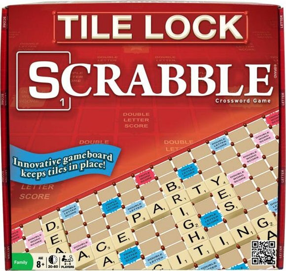 The box of Scrabble by Winning Moves features the title 'Scrabble' prominently displayed. The innovative game board has a tile lock design that keeps game pieces securely in place. Game highlights include scoring areas labeled for double letter scores. The game is designed for family play, suitable for ages 8 and up.