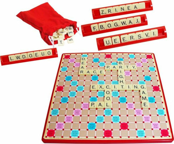A Scrabble game by Winning Moves, featuring a colorful game board with various letter tiles laid out strategically. A red bag filled with letter tiles, some tiles placed on racks, showcasing letters in the current gameplay. This classic word game promotes vocabulary and strategic thinking.
