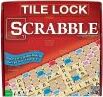 Scrabble game box by Winning Moves featuring colorful game board with letter tiles. The packaging highlights the "Tile Lock" feature for secure play.