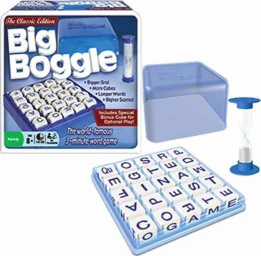 Big Boggle game by Winning Moves, featuring a larger grid, more letter cubes, and an hourglass timer for rapid gameplay. The game encourages players to find longer words in a shorter time for higher scores. The box includes a special bonus cube for optional gameplay, making it a fun family game for ages 8 and up.