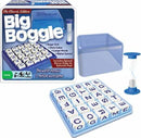Big Boggle game by Winning Moves, featuring a larger grid, more letter cubes, and an hourglass timer for rapid gameplay. The game encourages players to find longer words in a shorter time for higher scores. The box includes a special bonus cube for optional gameplay, making it a fun family game for ages 8 and up.