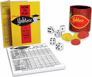 Yahtzee game set from Winning Moves including a colorful instruction booklet, five dice, a score card, and plastic scoring chips in red and yellow. The game is packaged in a round canister.