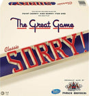 The classic game 'Sorry!' featuring its iconic logo on the box. A playful design in red and blue, showcasing 'Sorry!' in bold letters. The box highlights that it includes rules for both 'Point Sorry!' and 'Sorry! for One', catering to adults and encouraging friendly competition among players aged 6 and older.