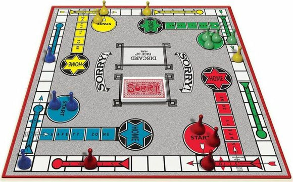The Sorry! game board features a colorful layout with various paths marked for players to navigate their pieces. There are four starting areas in different colors (red, blue, green, yellow) and safe zones leading to home areas. The center of the board displays the game name 'Sorry!' along with a stack of cards, indicating gameplay mechanics. The pawns are arranged in their respective starting positions, ready for players to take their turns.