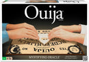 Classic Ouija game by Winning Moves, featuring a sturdy wooden board with original graphics. Two hands are placed on the planchette, ready to communicate.