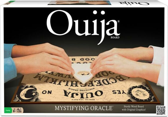 Classic Ouija game by Winning Moves, featuring a sturdy wooden board with original graphics. Two hands are placed on the planchette, ready to communicate.