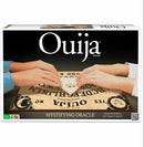 Classic Ouija board game by Winning Moves, featuring a wooden board with mystical graphics and a planchette. Two hands are gently touching the planchette, engaged in a spirited session of communication.
