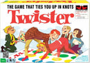 The Twister game box featuring colorful illustrations of players engaged in a fun challenge, with the tagline 'The game that ties you up in knots'. It's designed for family and friends, encouraging laughter and physical activity. The box includes details about its suitability for parties and outdoor play, making it a great social game for ages 6 and up.