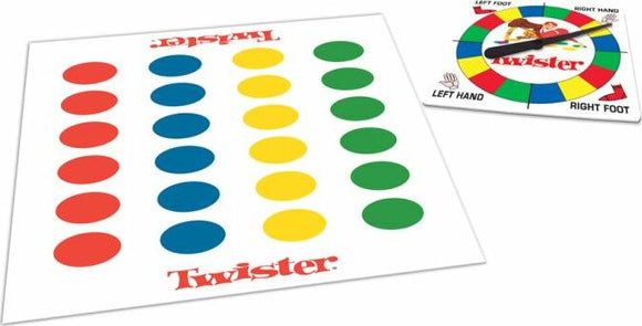 Twister game set by Winning Moves, featuring a colorful mat with red, blue, yellow, and green circles, accompanied by a spinner that dictates hand and foot placement.