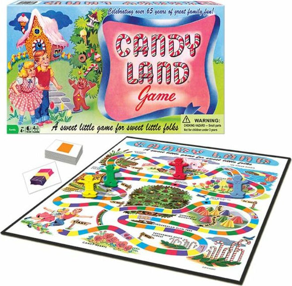 The Candy Land board game by Winning Moves is displayed with its colorful box and components. The game features a vibrant game board depicting a whimsical candy-themed landscape with play pieces in various colors, including yellow, green, and red, along with shuffled cards. Celebrating over 65 years of family fun, the game aims to provide an engaging experience for young players.