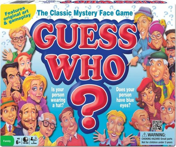 Guess Who - Classic board game by Winning Moves featuring colorful characters on the game box. The design includes playful artwork and questions like 'Is your person wearing a hat?' and 'Does your person have blue eyes?'. Ideal for family fun and mystery gameplay.
