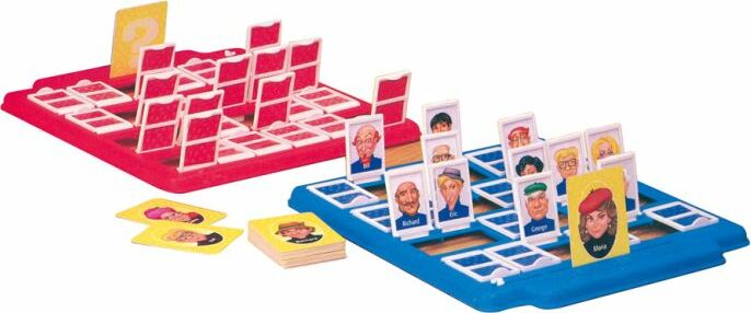 The Guess Who - Classic game by Winning Moves features two colorful playing boards: one red and one blue. Each board has rows of character cards with various faces. Players use questioning strategies to guess the opponent's chosen character, adding excitement and fun for families and friends.