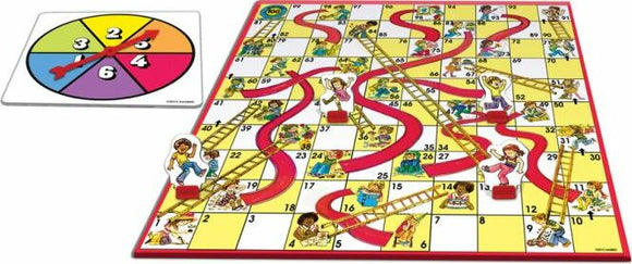 Chutes and Ladders game set by Hasbro, featuring a colorful board with numbered squares, ladders, and chutes. Includes a spinner for gameplay.
