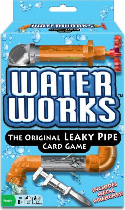 Waterworks by Winning Moves is a card game featuring a playful design with leaky pipes and metal wrenches. The packaging showcases vibrant blue background with colorful pipe graphics and includes a family-friendly, engaging theme suitable for ages 8 and up. Perfect for game nights and encouraging strategic thinking.
