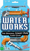 Waterworks by Winning Moves is a card game featuring a playful design with leaky pipes and metal wrenches. The packaging showcases vibrant blue background with colorful pipe graphics and includes a family-friendly, engaging theme suitable for ages 8 and up. Perfect for game nights and encouraging strategic thinking.