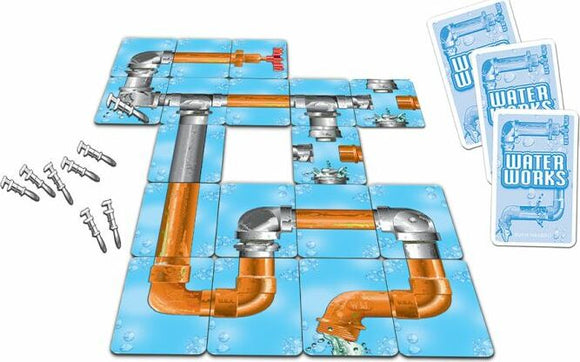 Waterworks game by Winning Moves featuring colorful jigsaw pieces representing pipes and valves. The game includes cards and installation hardware, ideal for family fun.