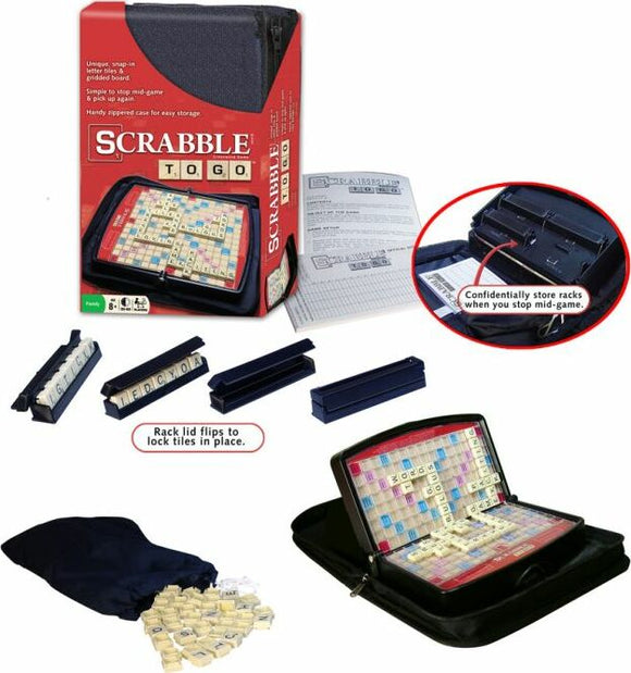 Scrabble To Go game by Hasbro features a compact, portable design with a grid board, letter tiles, and storage bags. The game includes racks that securely lock tiles in place and a score sheet for easy gameplay. Ideal for playing on the go, it encourages strategic word formation and is perfect for family game nights.