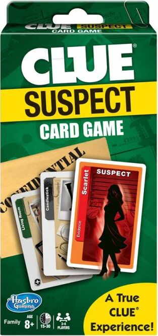 Clue Suspects Card Game by Winning Moves, featuring a visually striking box design with vibrant green and yellow colors. The image shows the game packaging along with several character cards, including a red suspect card labeled 'Scarlet'. The background includes a confidential document, emphasizing the mystery theme of the game. Suitable for ages 8 and up, designed for 3-10 players, providing a fun family gaming experience.