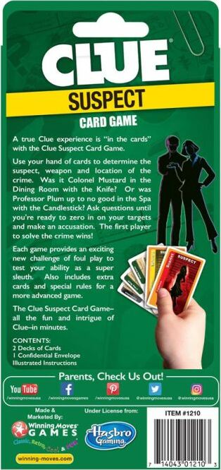 Clue Suspects Card Game by Winning Moves. The packaging features the game title 'Clue Suspect Card Game' prominently at the top. Below, there are colorful cards displayed with various character illustrations. The back of the box provides a glimpse of game mechanics, detailing how to use cards to identify the suspect, weapon, and location in a mystery scenario. It promotes the game's challenge and strategic play, making it appealing for mystery lovers and game night enthusiasts.