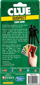Clue Suspects Card Game by Winning Moves. The packaging features the game title 'Clue Suspect Card Game' prominently at the top. Below, there are colorful cards displayed with various character illustrations. The back of the box provides a glimpse of game mechanics, detailing how to use cards to identify the suspect, weapon, and location in a mystery scenario. It promotes the game's challenge and strategic play, making it appealing for mystery lovers and game night enthusiasts.