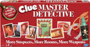 Clue Master Detective board game by Winning Moves, featuring images of suspects, rooms, and various weapons. The box has a vibrant red design with the title prominently displayed, promising a thrilling mystery-solving experience with more suspects, rooms, and weapons than ever before.