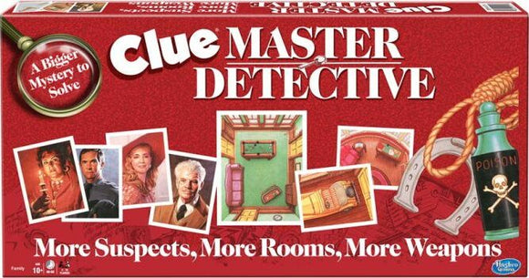 Clue Master Detective board game by Winning Moves, featuring images of suspects, rooms, and various weapons. The box has a vibrant red design with the title prominently displayed, promising a thrilling mystery-solving experience with more suspects, rooms, and weapons than ever before.