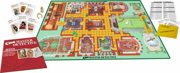 Clue Master Detective game board featuring a colorful layout with rooms, characters, and game pieces. Includes cards for suspects and weapons, and a rulebook. Ideal for fans of mystery and strategy games.