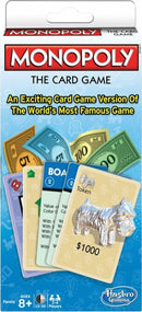 Monopoly: The Card Game by Winning Moves, featuring colorful cards including property, tokens, and cash. The packaging showcases vibrant graphics and is designed for family fun.