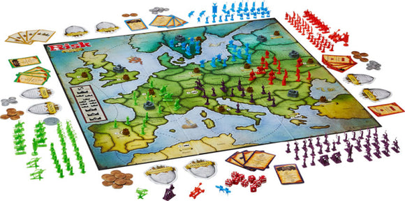 A vibrant game board for Risk Europe featuring a detailed map of Europe. Various colored armies, including red, blue, green, and purple, are positioned on strategic territories. Accompanying elements include cards, dice, and game pieces, all arranged around the board, creating an engaging setup for strategic gameplay.