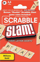 Scrabble Slam! game box by Hasbro featuring bold red and white lettering. The box includes the tagline 'Every Letter Counts' and emphasizes multiplayer fun for 2-4 players. Several letter tiles are displayed around the box, showcasing the interactive nature of the game. Bonus rules for 'Double' Scrabble Slam included.