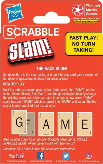Scrabble Slam! by Hasbro is a fast-paced card game where players race to change words by using letter cards. The game includes clear instructions and components for 2-sided letter tile cards. Perfect for family game nights, it offers a thrilling experience as players compete to be the first to play all their cards.