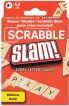 The game Scrabble Slam! by Hasbro features a vibrant red packaging that highlights the title prominently in bold white letters. The packaging includes letters and phrases, emphasizing quick word-building action, designed for competitive gameplay and family fun.