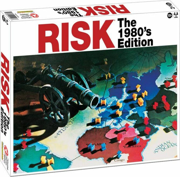 The 1980's Edition of Risk board game by Winning Moves. The box features an image of a world map with colorful army pieces positioned on various countries, and a cannon in the foreground. This classic strategy game invites players to conquer territories across the globe.