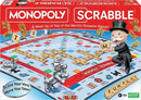 Monopoly Scrabble game board and components, featuring the iconic Monopoly man and a small dog. The board combines elements of both Monopoly and Scrabble, showing colorful letter tiles and money, inviting players to score words and move tokens. Perfect for family game night!
