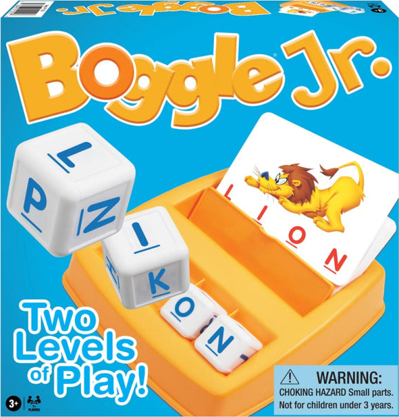 Boggle Jr. game box featuring colorful design. The box displays the title 'Boggle Jr.' prominently, along with the game pieces that include letter cubes and an illustrated card showing a lion. It highlights 'Two Levels of Play!' and includes a warning about small parts. Suitable for children aged 3 and up.