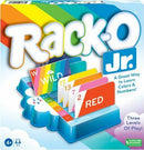 Rack-O Jr. game by Winning Moves, featuring a colorful box with a rainbow design. The game includes card slots displaying various colors and numbers, designed for children aged 4 and up. It emphasizes learning through play with three levels of gameplay, making it both educational and fun for kids.