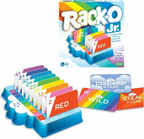 Rack-O Jr. by Winning Moves is a colorful card game designed for children. The image showcases the vibrant game box alongside the game components, including a rack designed to hold cards and several playful cards labeled with numbers and actions like 'Wild', 'Discard a Card', and 'Steal a Card'. The game promotes learning colors and numbers through engaging gameplay suitable for children aged 4 and up, highlighting three levels of play for varying skill levels.