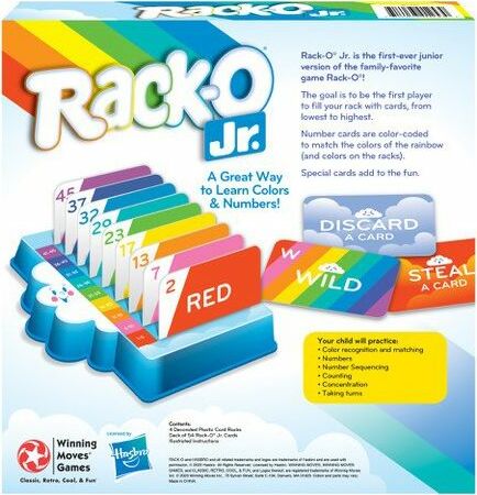 Rack-O Jr. by Winning Moves is an engaging educational game designed for children to learn colors and numbers. The game features brightly colored cards displaying numbers and colors, with a rainbow design across the top. The packaging highlights game instructions and emphasizes fun, learning, and interaction among players. Key elements include special cards to enhance gameplay, with a focus on color matching and sequential order.