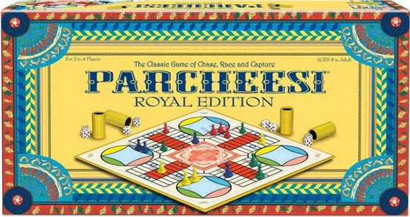 Parcheesi Royal Edition board game by Winning Moves, featuring a colorful board with red, blue, green, and yellow player pieces, dice, and a vibrant box design. The game is suitable for 2 to 4 players and is designed for ages 8 and up, promoting strategic play and family fun.