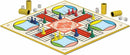 Parcheesi Royal Edition game by Winning Moves featuring a colorful board with sections in blue, yellow, red, and green. Six player pawns in various colors, along with dice and pieces in yellow cylinders.