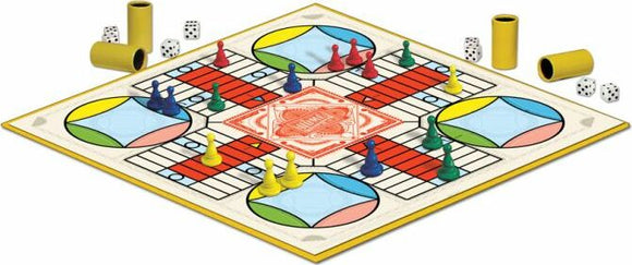 Parcheesi Royal Edition game by Winning Moves featuring a colorful board with sections in blue, yellow, red, and green. Six player pawns in various colors, along with dice and pieces in yellow cylinders.