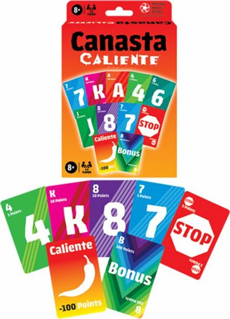 Canasta Caliente card game by Winning Moves featuring colorful cards, including numbers, special bonus, and stop cards. Recommended for ages 8 and up.