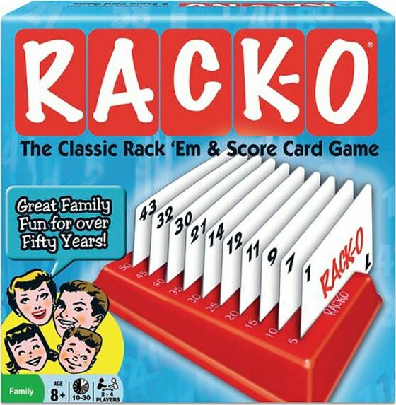 Rack-O card game by Winning Moves, featuring a vibrant blue background with a rack displaying numbered cards from 1 to 43. The packaging includes colorful illustrations of smiling families and a tagline highlighting over fifty years of family fun.