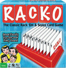 Rack-O card game by Winning Moves, featuring a vibrant blue background with a rack displaying numbered cards from 1 to 43. The packaging includes colorful illustrations of smiling families and a tagline highlighting over fifty years of family fun.