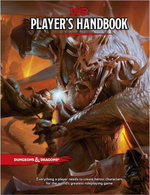 The cover of D&D: Player's Handbook 5th Edition, featuring a heroic scene where a warrior confronts a ferocious beast. The vibrant artwork illustrates intense fantasy elements, highlighting the epic battles and adventures found within this essential tabletop role-playing guide. It features the title prominently at the top and 'Dungeons & Dragons' branding at the bottom.