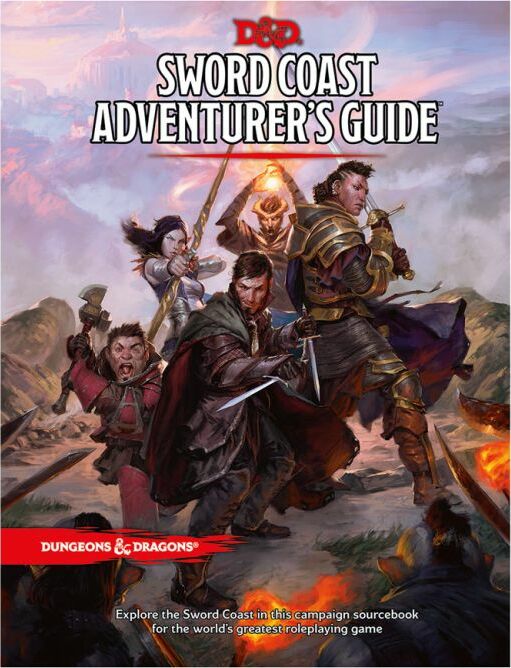 The Sword Coast Adventurer's Guide features a dynamic cover illustration showing a diverse group of adventurers, including a warrior wielding a sword, a sorceress casting spells, and a rogue ready for action. The background depicts the rugged landscape of the Sword Coast, hinting at adventure and exploration. Iconic Dungeons & Dragons branding is prominently displayed at the top.