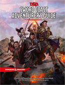 The Sword Coast Adventurer's Guide features a dynamic cover illustration showing a diverse group of adventurers, including a warrior wielding a sword, a sorceress casting spells, and a rogue ready for action. The background depicts the rugged landscape of the Sword Coast, hinting at adventure and exploration. Iconic Dungeons & Dragons branding is prominently displayed at the top.