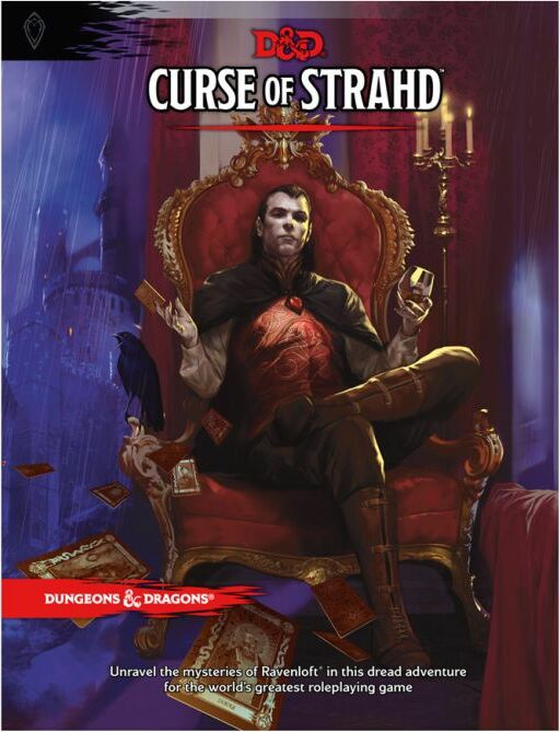 Cover of the Curse of Strahd D&D game by Wizards of the Coast. Features a dark, atmospheric illustration of a brooding character in a lavish throne, surrounded by playing cards and a raven, hinting at themes of mystery and horror in the Ravenloft setting.